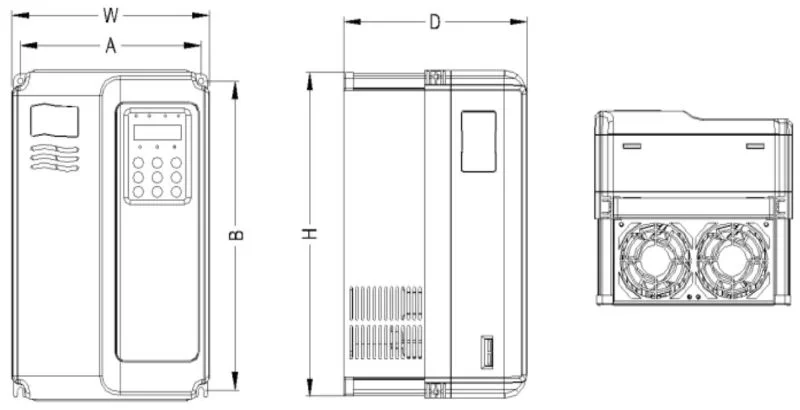 SK600变频器塑胶结构外型尺寸及安装尺寸示意图 - SK600系列变频器，塑胶结构外型尺寸及安装尺寸示意图